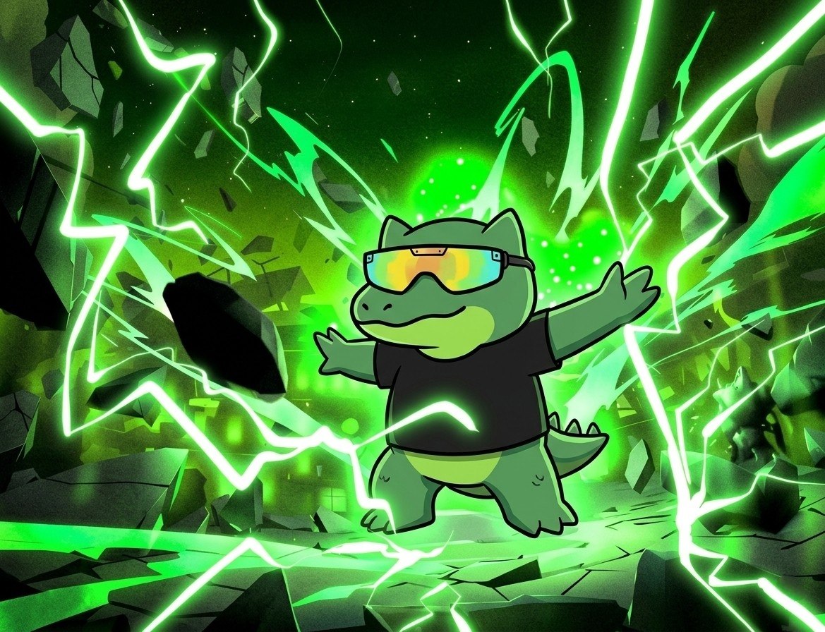 TEK the dinosaur ascending a grand stairway