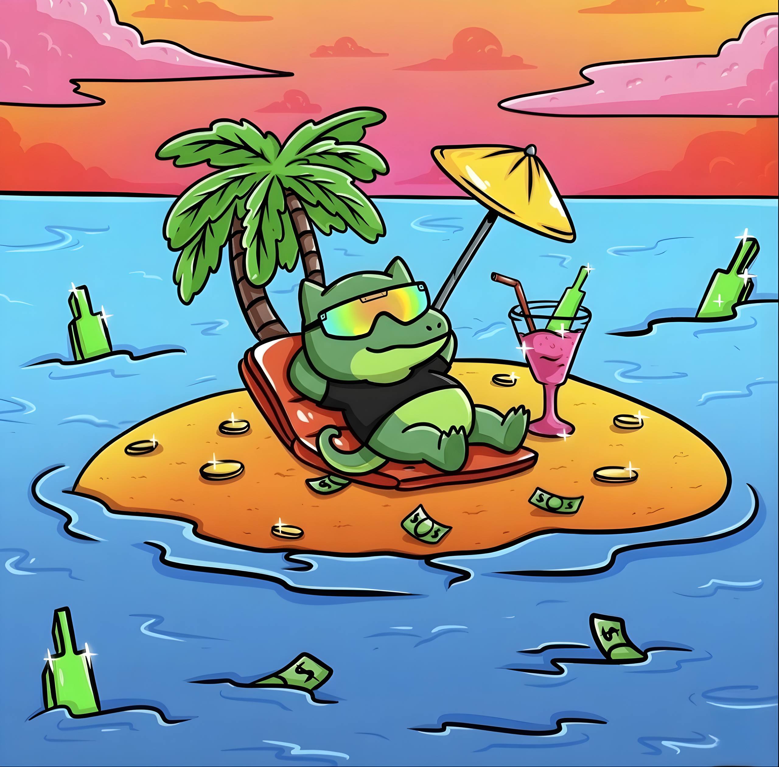 TEK the dinosaur relaxing on a tropical island with palm trees
