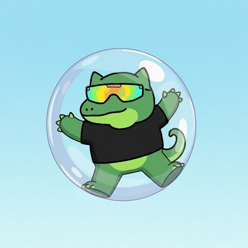 TEK the dinosaur floating inside a protective bubble